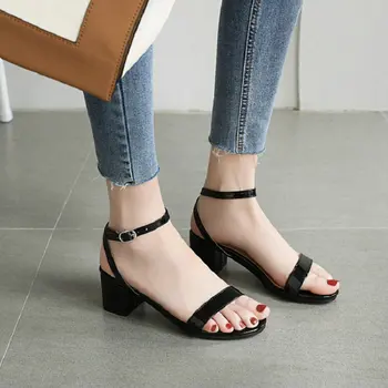 

ZawsThia 2020 summer new patent PU leather open toe yellow white blue woman's shoes chunky middle heels women sandals size 33-51