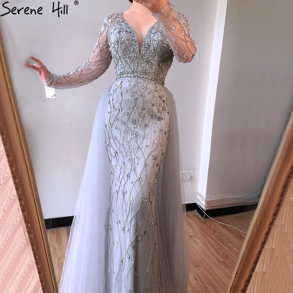 Dubai Luxury Grey With DetachableTrain Evening Dresses 2022 Long Diamond Mermaid Beaded Formal