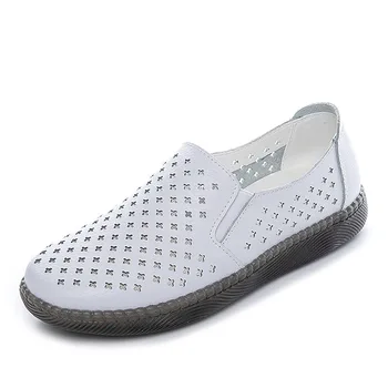 

2020 Spring Summer Women Flats Shoes Soft Genuine Leather Cutout Loafers Slip On Ballet Flats Breathable Walking Oxford Flats