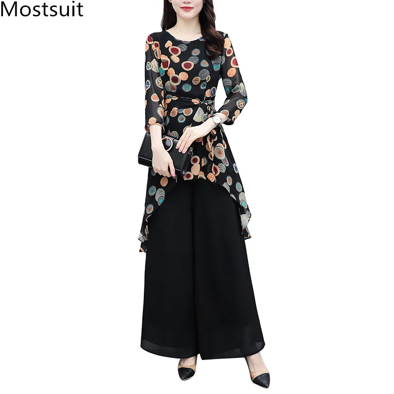 Vintage Fashion Two Piece Sets Women Chiffon Printed Long Tops + Wide Leg Pants Suits 2020 Summer Elegant Ladies 2 Pcs Sets 2020 Vintage Fashion Two Piece Sets Women Chiffon Printed Long Tops + Wide Leg Pants Suits 2020 Summer Elegant Ladies 2 Pcs Sets 2020