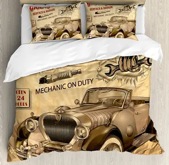 

Vintage Duvet Cover Set Nostalgic Car Figure with Garage Service and Repair Store Phrase Dated Faded Print Bedding Set Sepia Red