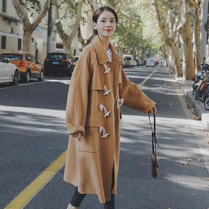 Women Horn Buckle Solid Wool Blend Jacket Button High Quality Hello Japan Style Coat