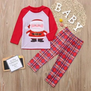 オンライン ファッション服子供セット綿 O ネックキッズボーイズサンタチェック柄パンツ衣装家族パジャマパジャマクリスマス H4