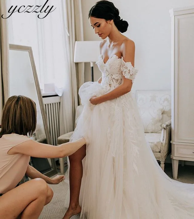 Abito Da Sposa сексуальные с открытыми плечами А-силуэта длинные кружевные накладные орнаменты пляжные свадебные платья большого размера платье невесты Y20