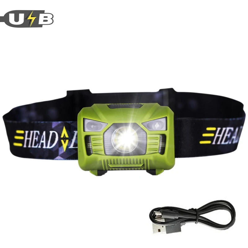 Green Usb зарядка светодиодный налобный фонарь датчик движения тела мини фары уличный походный фонарик Головной фонарь лампа с usb-кабелем для зарядки - Испускаемый цвет: Green