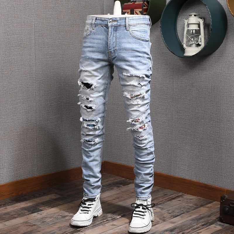 Streetwear Fashion Men Jeans Retro Light Blue Elastic Slim Fit Destroyed Ripped Jeans Men Patch Designer Hip Hop Denim Pants Jeans - AliExpress