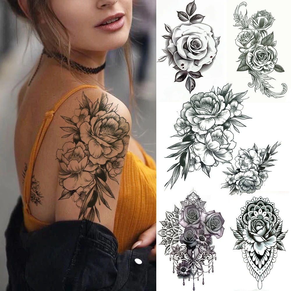 

Washable Rose Temporary Tattoos Sticker For Women Girls Body Art Arm Tattoo Fake Self Adhesive Black Flower Blossom Tatoos Decor