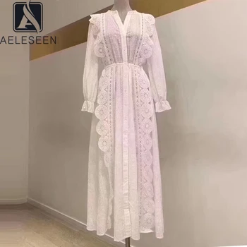 

AELESEEN Runway Fashion White Dress Women Vintage Long Sleeve Spring Summer Dress Ruffles Flower Embroidery Elegant Party Dress
