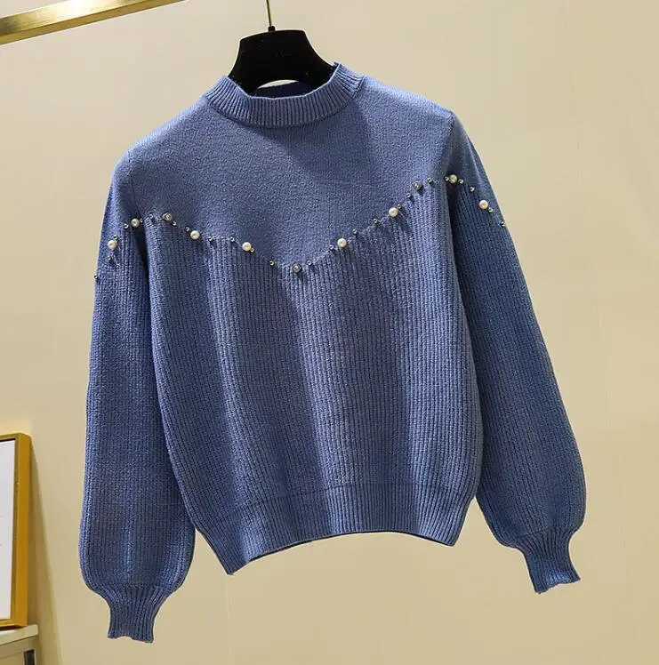 Синий New Autumn Winter Pullovers Loose Women's Knitting Sweater With Pearls Beading Lantern Sleeve Ladies Knitted Sweater Femme - Цвет: Синий