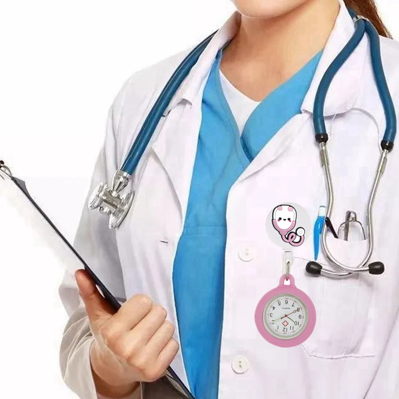 Retractable Hospital Medical Icon Love Heart Badge Reel Cartoon Nurse Doctor Pocket Watch Hang Clips Quartz Watches Clock