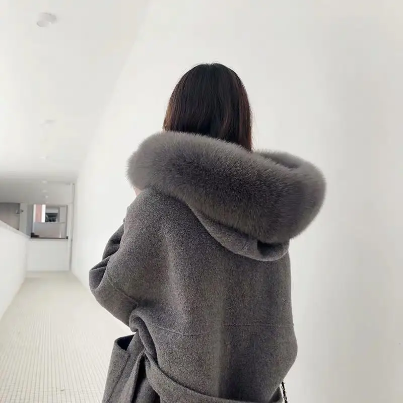 Cena Koreańska wersja długi kaszmirowy płaszcz z prawdziwego futra lisa wykończenia bluza z kapturem ciepłe zagęścić duży kieszenie płaszcz kobiet kobiet znosić płaszcz zimowy
