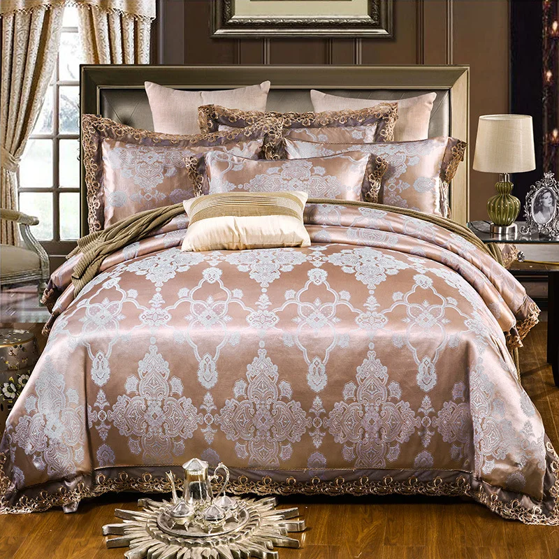 

SJ 4pcs/Set Satin Jacquard Silk Luxury Bedding Sets Cotton Duvet Cover Set Bed Linen Linings Pillowcases Wedding Home Textile