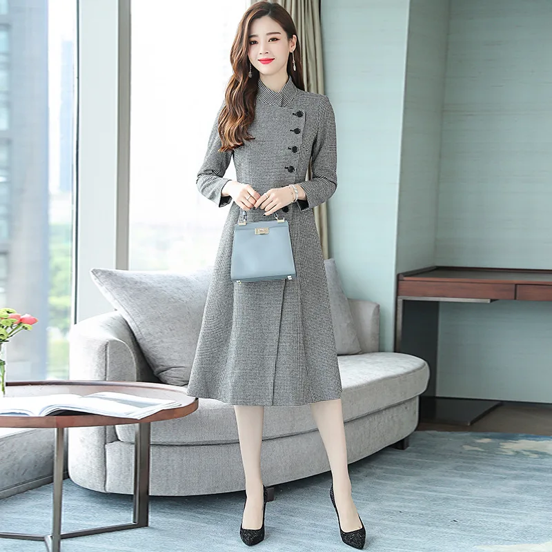 

2018 Autumn New Style Fashion Thousands of Birds Woolen Jacket Slim Fit Slimming Mid-length Single Breasted Turn-down Collar Coa