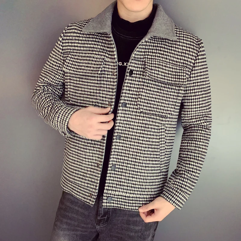 Осенне-зимнее шерстяное Пальто серое кофейное клетчатое умное повседневное мужское шерстяное пальто английское пальто средней длины приталенные мужские куртки