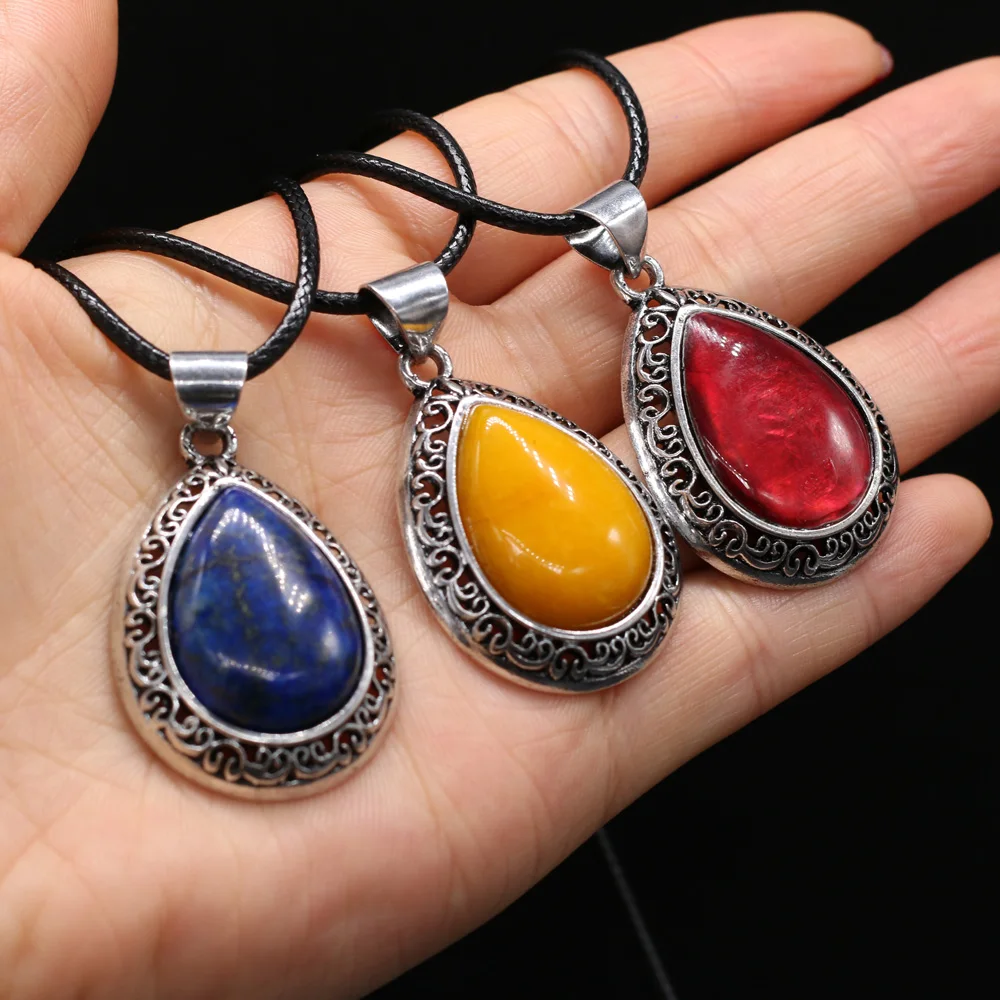 Vintage Crystal Agates Pendant Necklace Drop Shape Natural Ocean Shell Charms Leather Rope Choker Necklaces for Women Jewelry | Украшения и