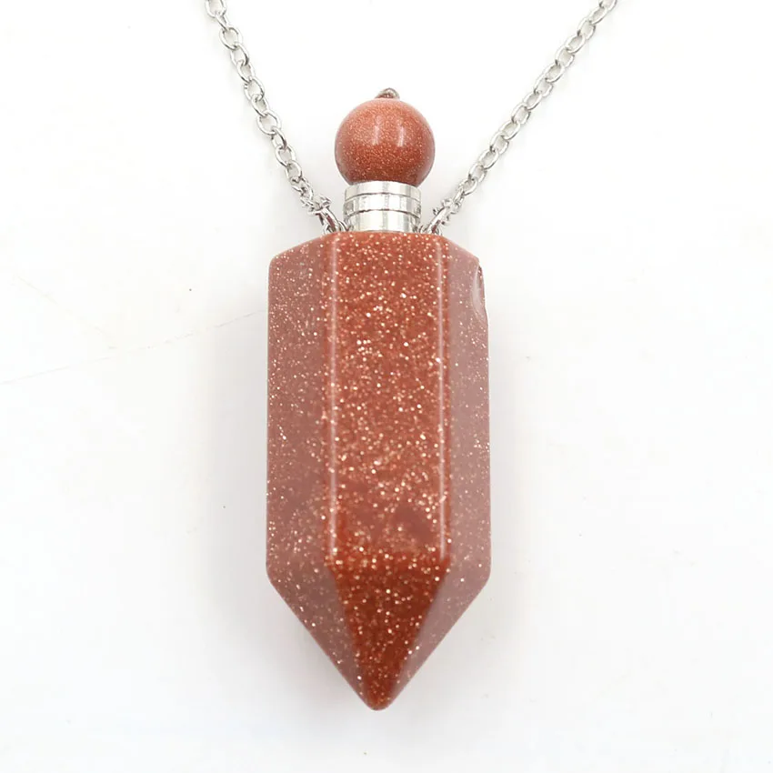 Gold Sand Stone XSM натуральный камень подвеска в виде бутылочки парфюма ожерелья эфирное масло диффузор шестиугольная колонна Кристалл Quartzs подвески ювелирные изделия 1 шт - Окраска металла: Gold Sand Stone