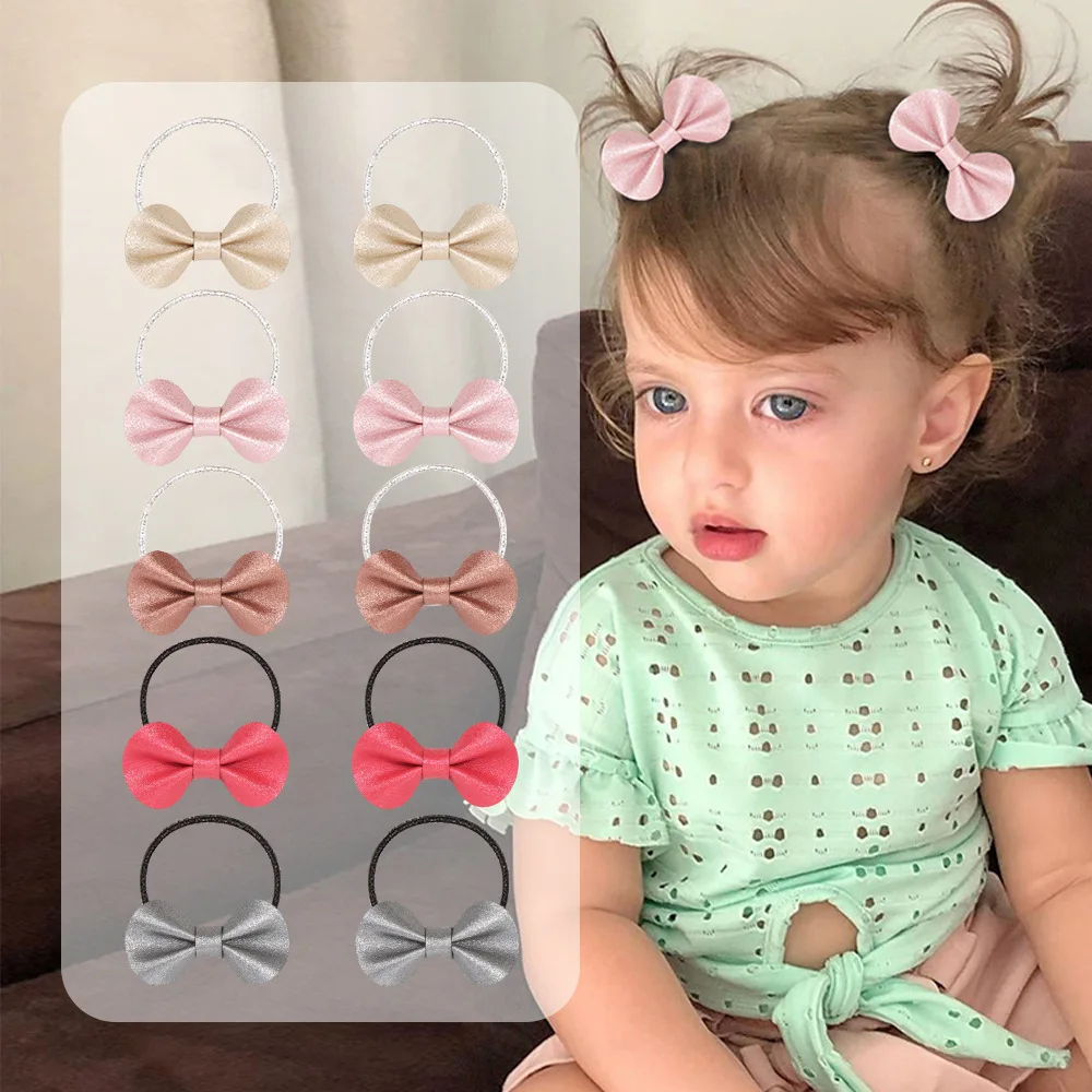 

High Quality Girls Hair Accessories 10pcs PU Leather Bow Kids Hair Rope Ties Glittery Elastic Hair Bands Toddlers Pigtail Holder