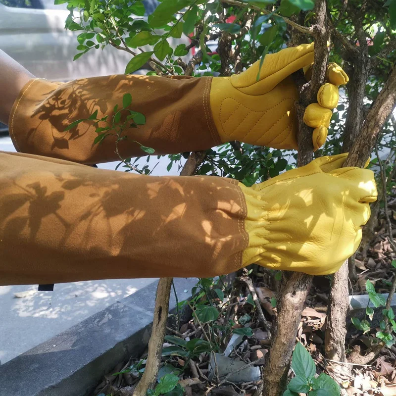 Gardening Gloves for Women and Men Thron Proof Rose Pruning Cow Leather Gloves with Long Forearm Protection Gauntlet