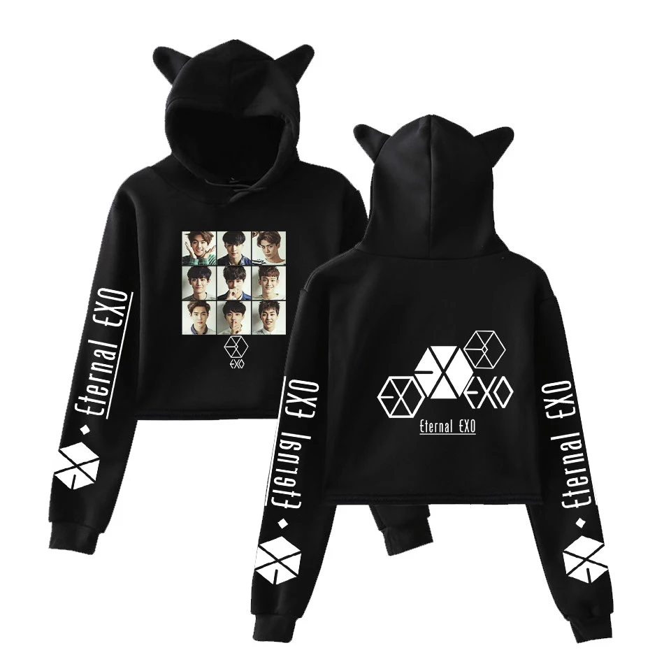 EXO Ablum Ulzzang Милая толстовка с кошачьими ушками Осенняя Женская Студенческая пуловеры Harajuku Повседневная укороченная Толстовка для женщин