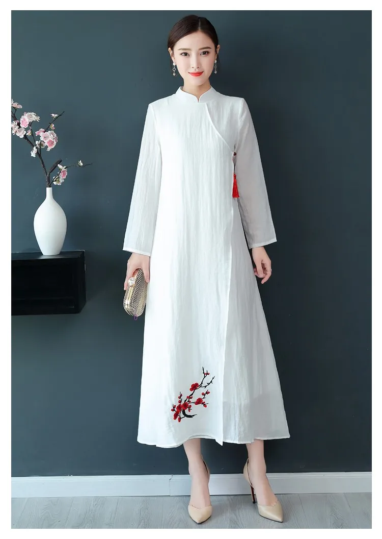 Осеннее винтажное улучшенное шелковое льняное платье Cheongsam с вышивкой в китайском стиле женское платье с длинными рукавами