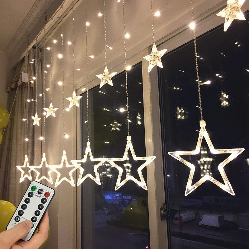 

220V Remote Control Curtain LED String Light Fairytale 3.5M Star Christmas Wreath Wedding Party Outdoor New Year Decoration