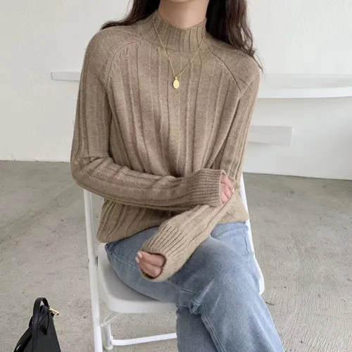 Korean Style Loose Sweater Women Pullover Casual Half Turtleneck Long Sleeve Knit Sweater Female Jumpers solid basic sweater