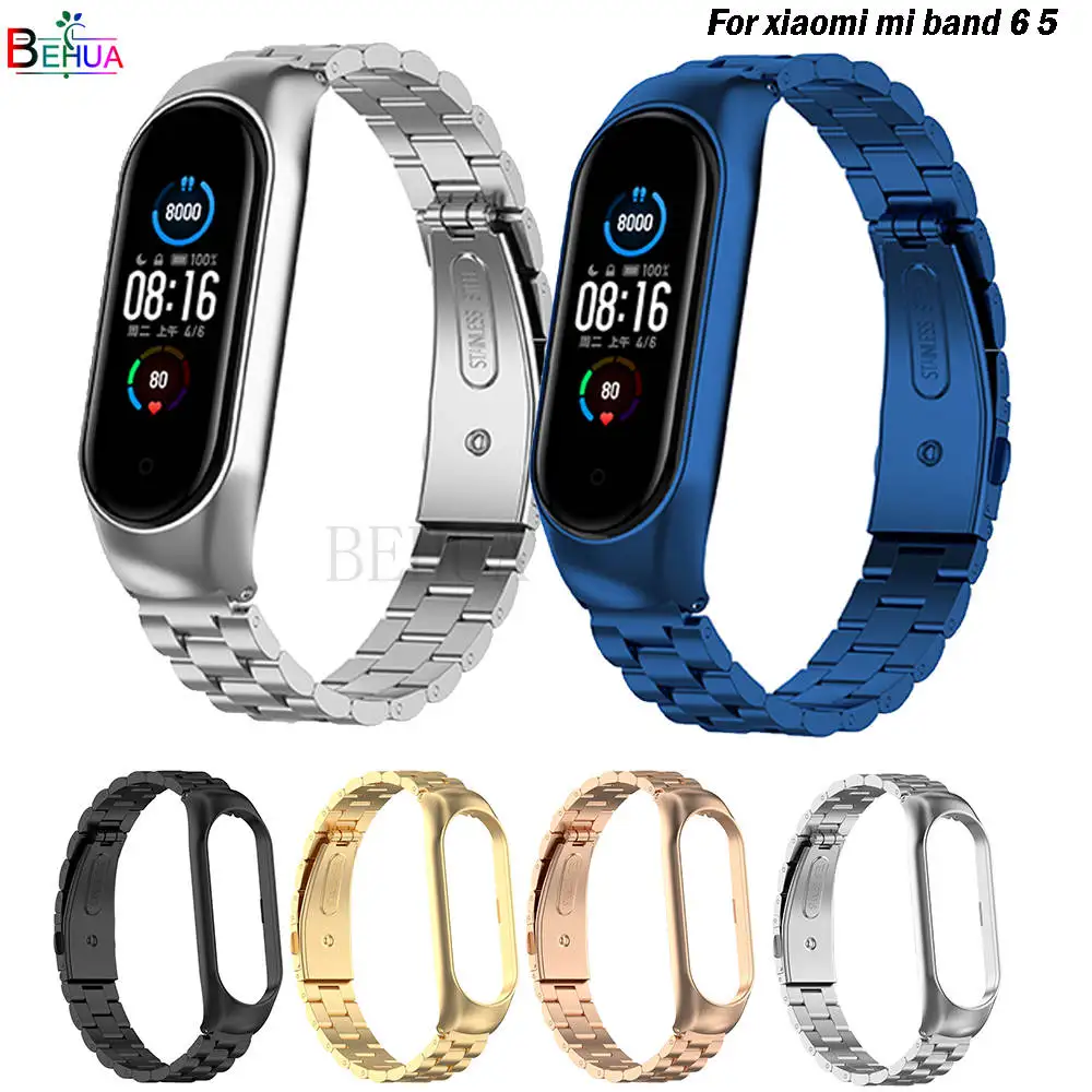 

BEHUA Wrist strap For xiaomi mi band 6 5 mi band 4 3 Replacement Metal Watchstrap Stainless Steel Bracelet Wristbands+Metal Case