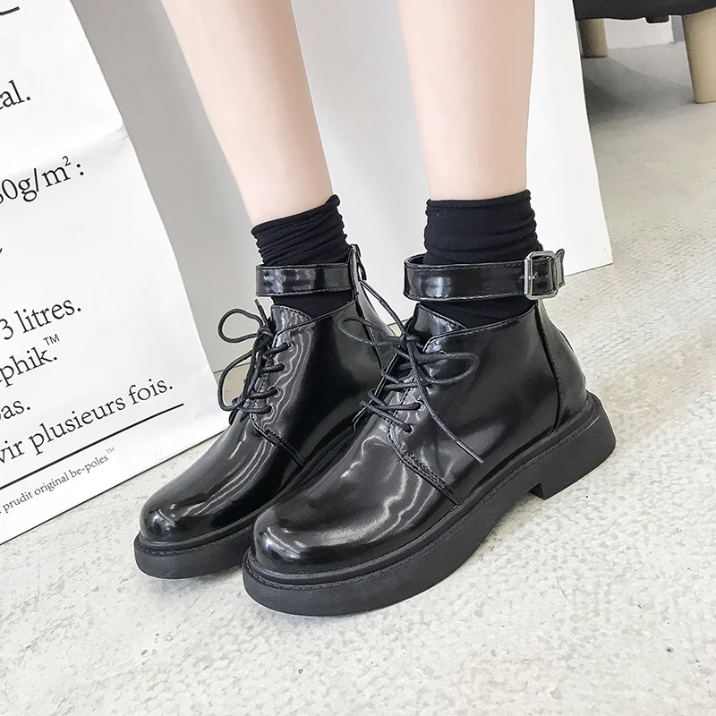 Harajuku JK/обувь в стиле Лолиты; ботильоны с пряжкой и ремешками; школьная Студенческая форма с круглым носком; платье для девочек; обувь черного цвета