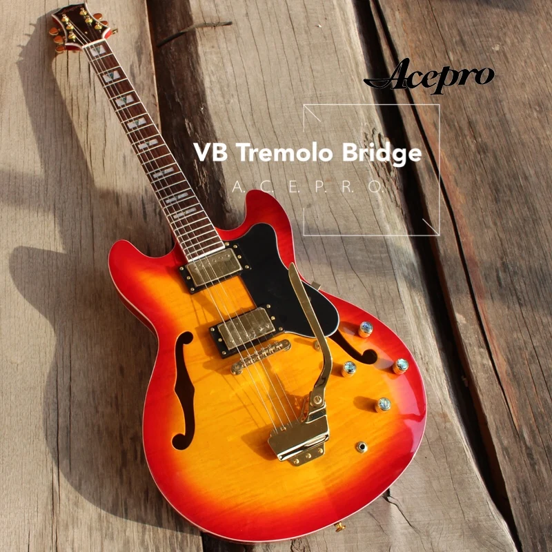 

In Stock Cherry Sunburst Acepro Jazz Electric Guitar Gold VB Tremolo TonePro Bridge, Semi Hollow Body Archtop Guitarra