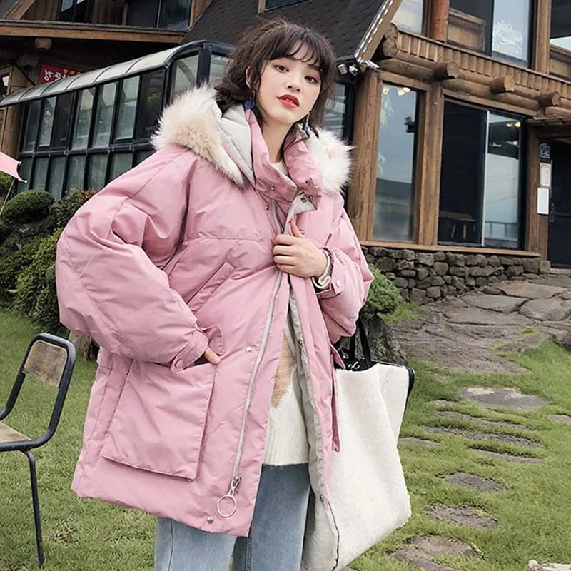 

Photo Shoot CHIC Douyin Short Back Bandage Cloth Loose-Fit Cotton-padded Clothes Women's, Blue Large Fur Collar Hooded Short dow