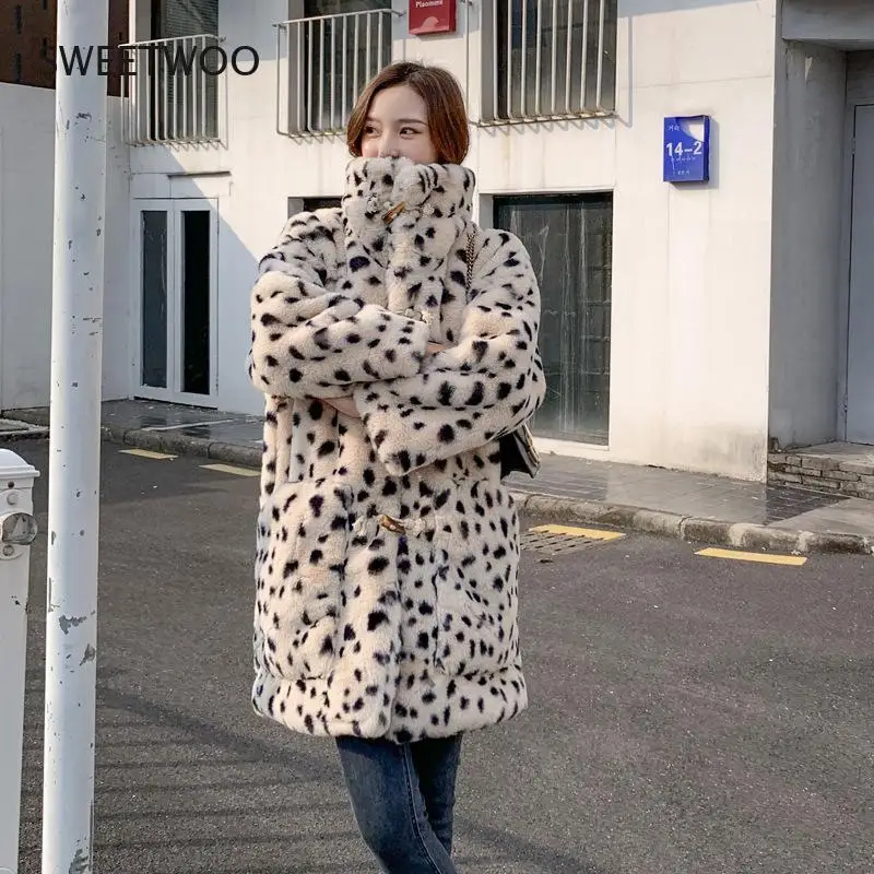 Plush Jacket Women Winter Long 2021 New Korean Version of Loose Lamb Wool Faux Fur Leopard Print Fur Coat Women Winter