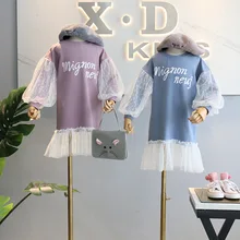 Новинка года; платье-свитер для девочек; сетчатые Детские платья в стиле пэчворк с длинными рукавами для девочек; одежда принцессы с буквенным принтом для маленьких детей