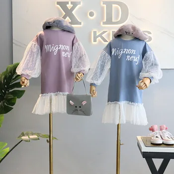 

2019 New Girls Sweatshirt Dress Long Sleeve Mesh Patchwork Kids Dresses for Girl Letter Print Toddler Children Princess Clothing