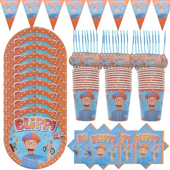 

Blippi Toys English Teacher Birthday Themed Party Decor Party Supplies Disposable Paper Cups Plates Banner Straw Kids Toys Set