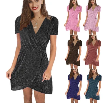 

Madam clothing OWLPRINCESS 2020 New Women's V-neck Irregular Short Sleeve Dress Solid Color, Sexy Women's Dresses