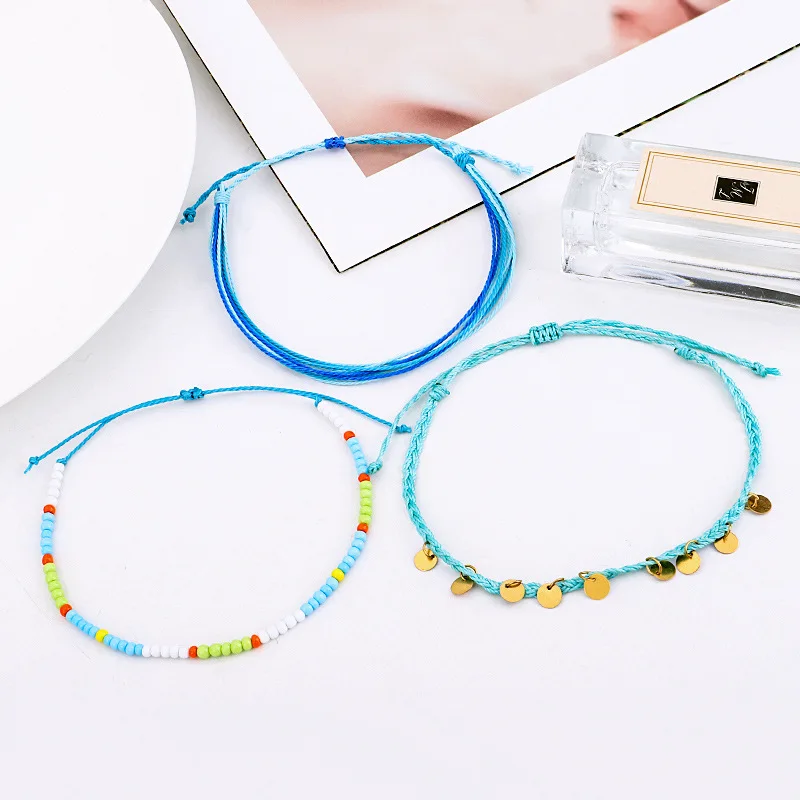 3 шт./компл. Miss JQ Boho женские браслеты для щиколотки синяя Смешанная цепочка с бисером на лодыжку модная мини металлическая круглая подвеска Плайя аксессуары