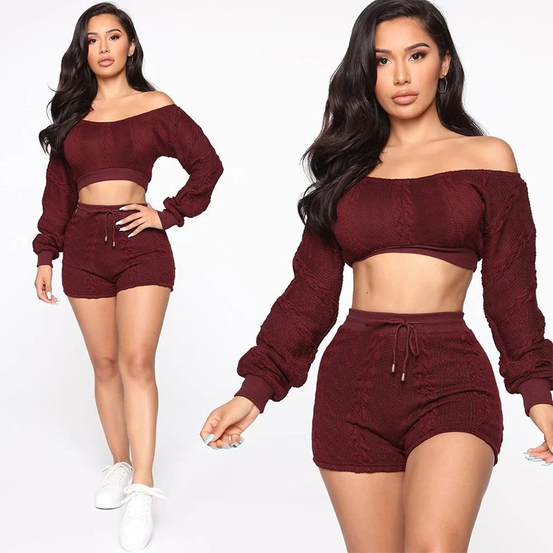 4DTP822-brown Justchicc трикотажный комплект из двух предметов, свитер с длинным рукавом, укороченные топы и обтягивающие шорты, костюм, зимние сексуальные Женский комплект 2 шт. наряды - Цвет: 4DTP822-brown
