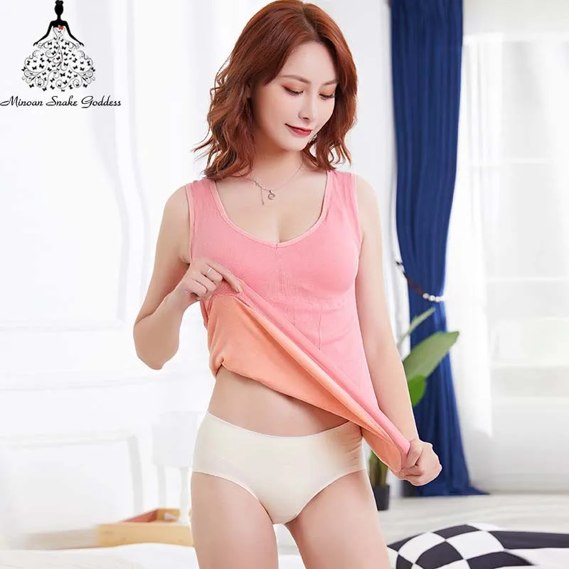 

Winter Warm Vest Thermal Underwear Tank Top With Brassiere Pad Vest Solid Color Camisole Shirt Thick Velvet Thermo Underwear