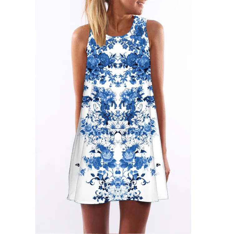 

2018 Ozhouzhan Europe And America New Style Retro Digital Printing Crew Neck Hot Selling off-Shoulder Medium-length Vest Dress