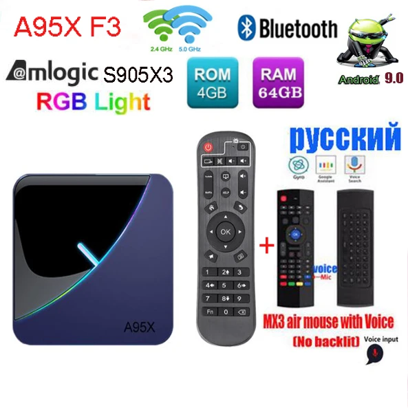 A95x F3 RGB светильник Android tv Box Android 9,0 Amlogic S905X3 Smart tv Box USB3.0 H.265 8K 60fps Netflix Youtube Plex медиасервер - Цвет: 4G 64G MX3 VOICE