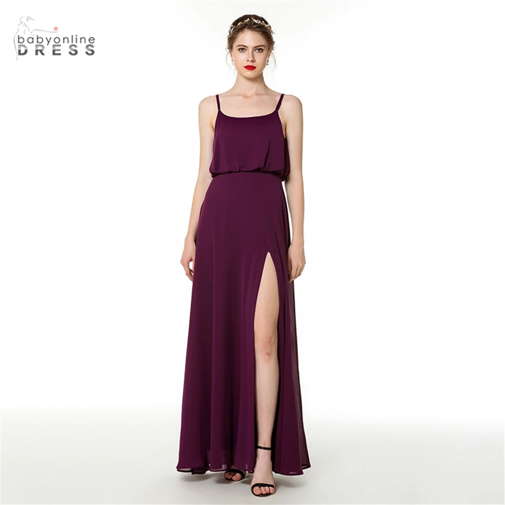 

Grape Purple A-line Long Evening Dress 2020 Chiffon Splite Spaghetti Evening Gown Abendkleider Robe De Soiree Longo