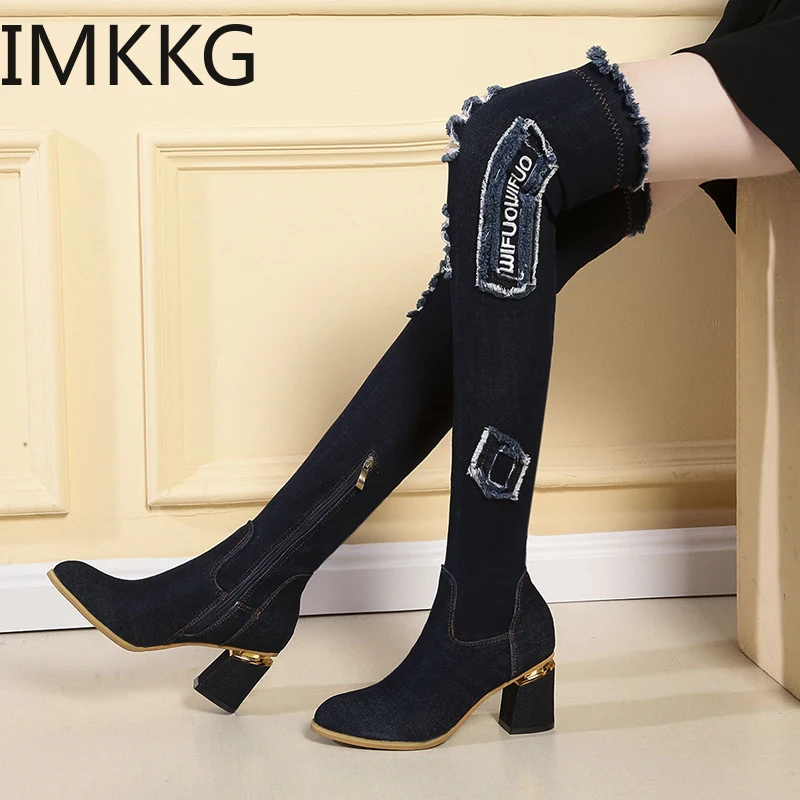 Женские джинсовые сапоги выше колена женские свадебные на высоком каблуке с