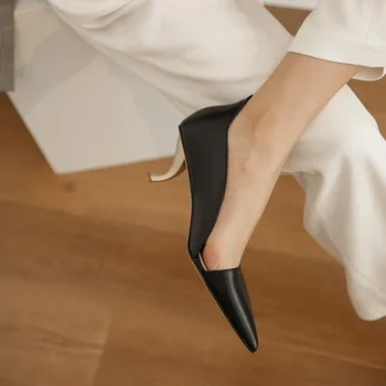 

MLJUESE 2020 women pumps autumn spring soft cow leather pointed toe thin heel high heels lady shoes party wedding dress size 40