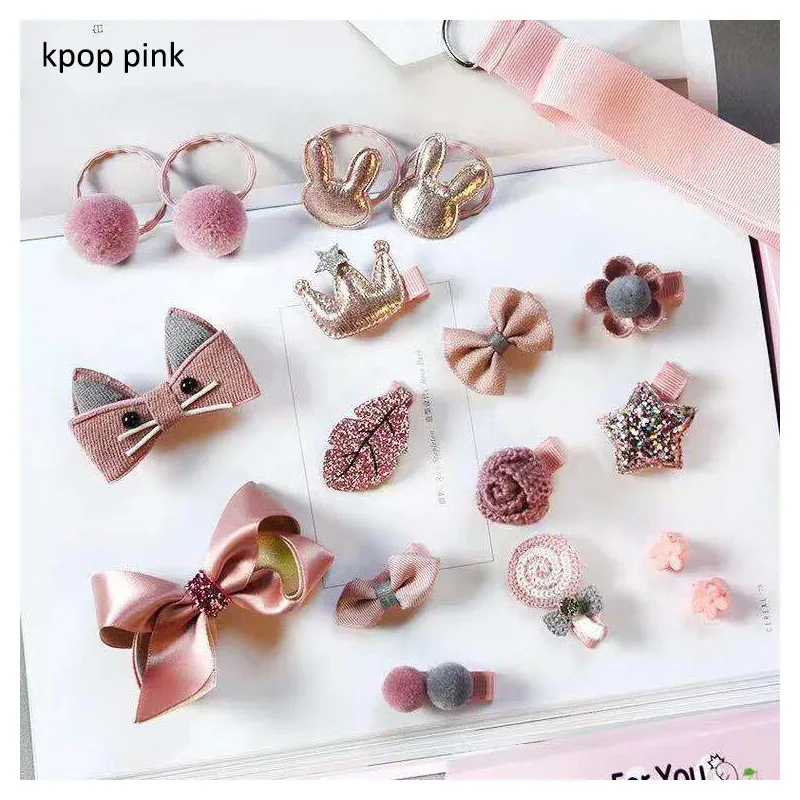 kpop pink 18 шт., детские заколки для волос, подарочный набор, милые детские аксессуары для волос для девочек, головной убор для маленькой принцессы, эластичная резинка для волос с бантом, шпилька - Цвет: kpop pink