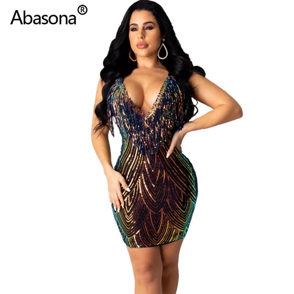 Золотой Abasona, весеннее, летнее, женское, с глубоким v-образным вырезом, с кисточками, из кусков, сексуальное, облегающее, миди платье, обтягивающие, с блестками, платья, вечерние, для ночного клуба - Цвет: Золотой