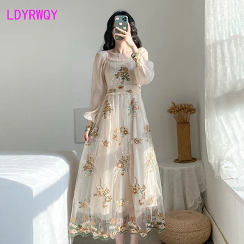 

French 2020 Retro Long Sleeve Mesh Embroidered Midi Dress Cotton Polyester Office Lady Mesh Sheath