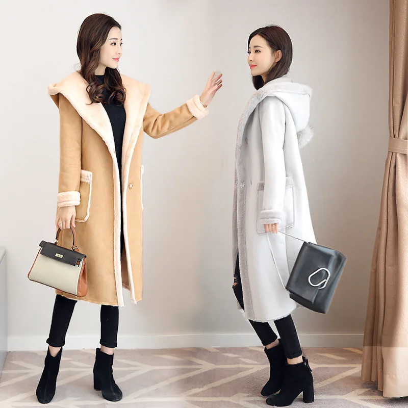 

Lambs Wool Coat Women's Mid-length Korean-style 2019 Winter New Style Brushed And Thick Hooded Suede over-the-Knee Overcoat