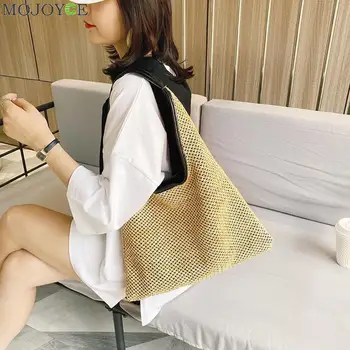 

Youth Ladies Simple Versatile Bag Woven Beach Straw Handbag Hollow Out Woven Underarm Shoulder Bags Travel Totes