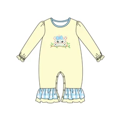 Barboteuse d'automne pour filles, boutons élastiques, jaune, manches longues, nœud bleu, motif brodé Hippo, pour bébés 
