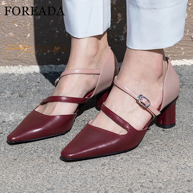 

FOREADA Woman Two Piece Shoes Natural Genuine Leather High Heels Block Heel Pumps Buckle Square Toe Ladies Footwear Beige Red 39